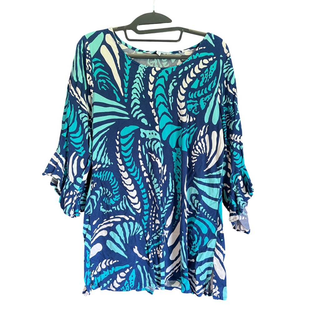 Escapada Living Blue Turquoise Abstract Print 3/4 Bell Sleeve Tunic Top Large